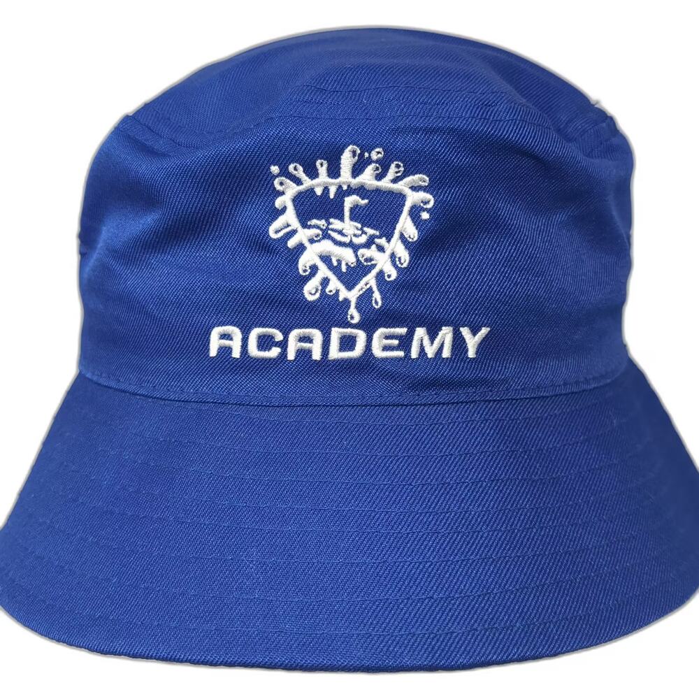 Academy Bucket Hat Blue White 54CM Fitted Embroidered Shield Logo Polyester